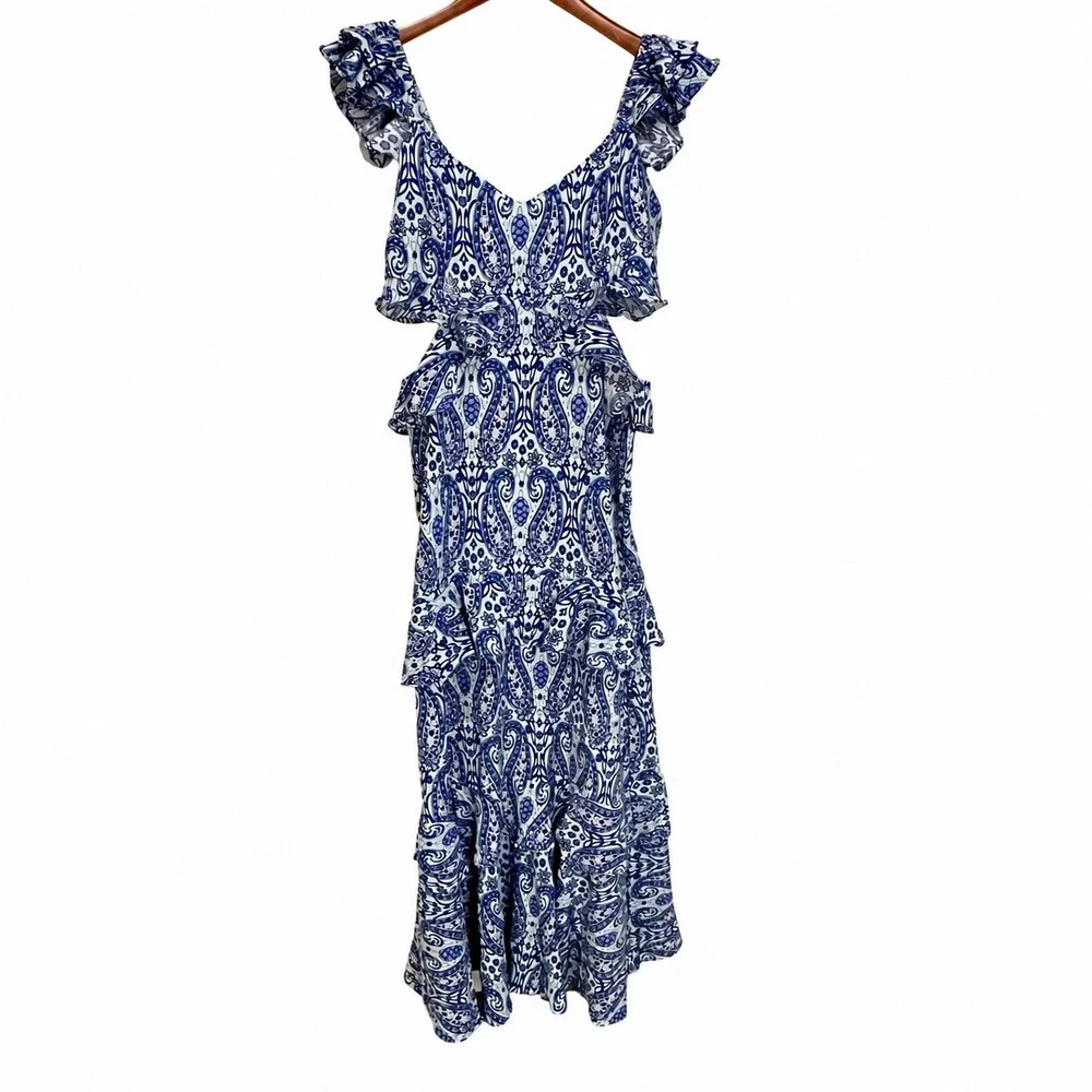 Simply Southern Blue Paisley Cut-Out Tiered Maxi Dress Womens Medium Ruffle Boho